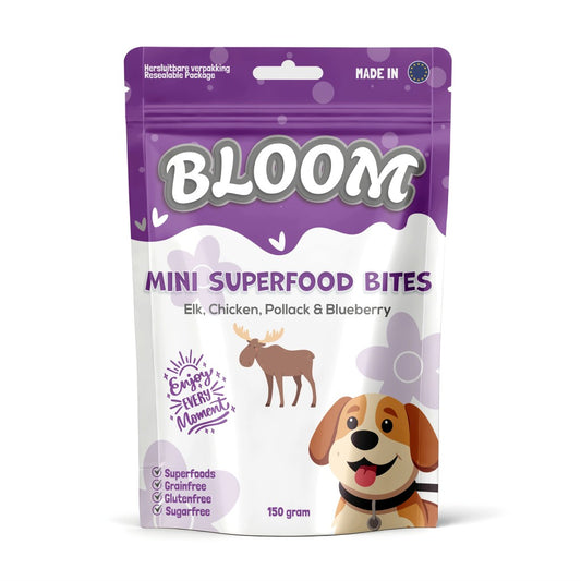 Bloom Eland Kip Vis Mini superfood bites natuurlijke trainingssnoepjes hond 150 gram