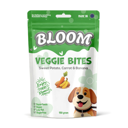 Bloom Veggie Bites zoete aardappel wortel banaan natuurlijke trainingssnoepjes hond 150 gram