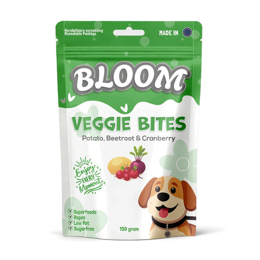 Bloom Veggie Bites aardappel rode biet en cranberry natuurlijke trainingssnoepjes hond 150 gram