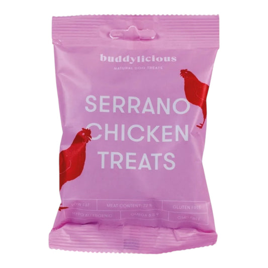 Buddylicious Serrano Chicken treats varken kip natuurlijke trainingssnoepjes hond 100 gram