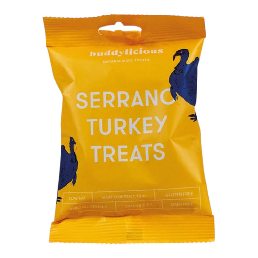 Buddylicious Serranoham treats kip, rund, kalkoen natuurlijke trainingssnoepjes hond 100 gram