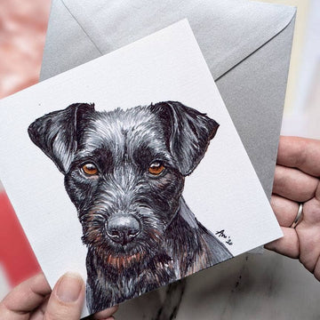 Amber Marie wenskaart Patterdale ruwharige terriër zwart 15 x 15 cm