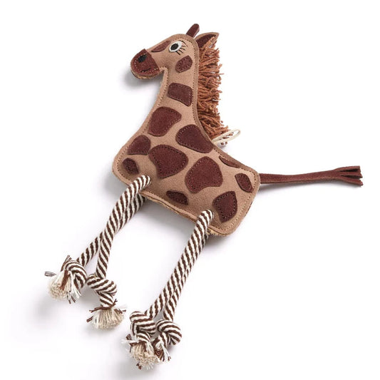 Green & Wild’s Gerald the Giraffe suède hondenspeeltje met touwpoten
