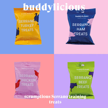Buddylicious Serranoham treats kip, rund, kalkoen natuurlijke trainingssnoepjes hond 100 gram