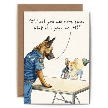 Bewilderbeest wenskaart Wat heb je in je mond? Corgi en herdershond 13 x 18 cm